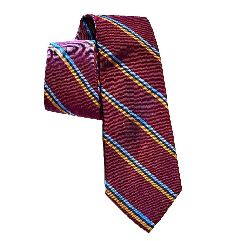 The Tie Bar Mens 100% Silk Necktie Burgundy Blue Gold Repp Striped Classic Tie